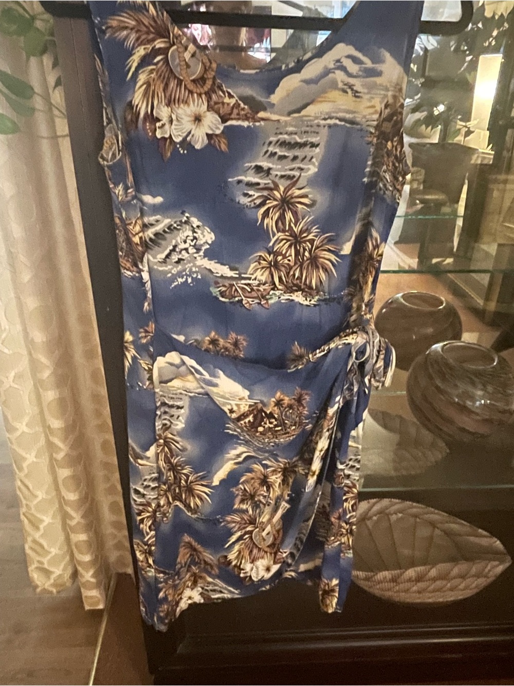 Blue Tropical Print Wrap Dress